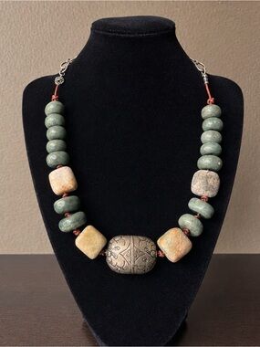 Vintage Artisan Stone Bead Necklace Southwestern Style Heavy Statement Piece